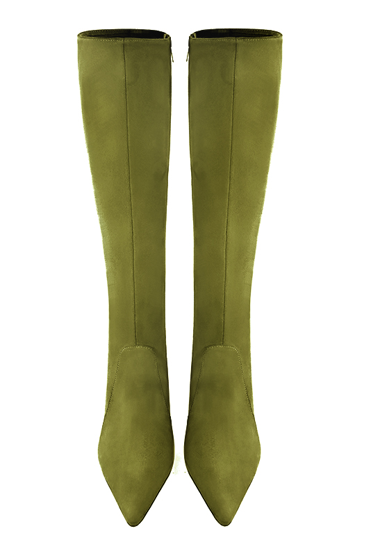 Pistachio green women's feminine knee-high boots. Pointed toe. Very high spool heels. Made to measure. Top view - Florence KOOIJMAN